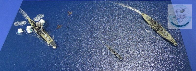 HMAS Vampire  (center) is seen flanking the Prince of Wales. Also visible are two Japanese G3M Nell bombers above the Repulse.